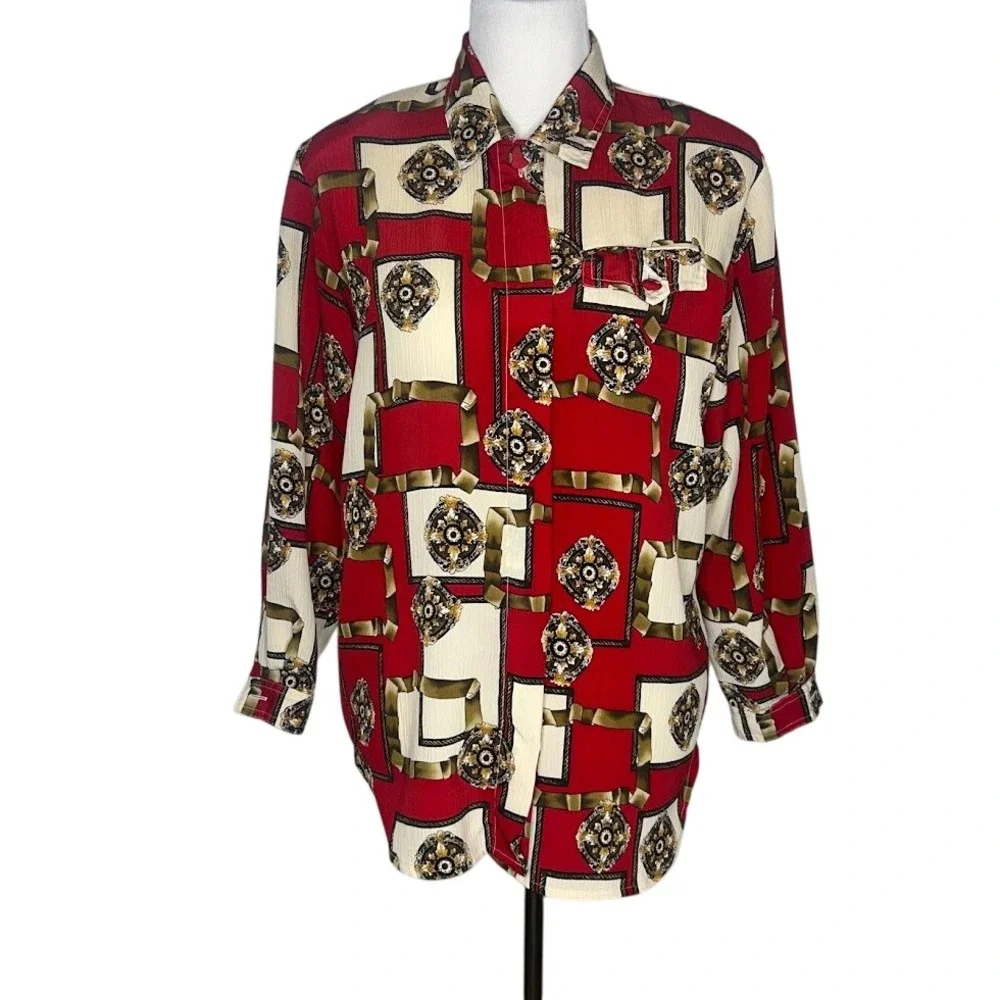 Christie & Jill Petite Vintage Red Baroque Chain Medallion Button Down Blouse M